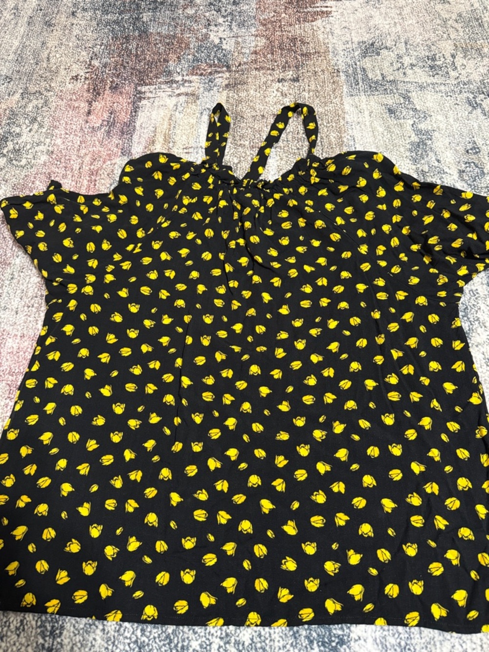 Who What Wear Black Blouse with Yellow Floral Print and Tie Neck - Picture 2 of 3